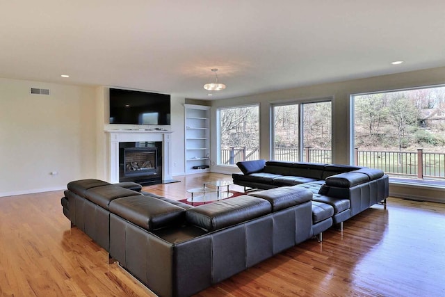 301 Reagan Dr, East Stroudsburg, PA 18301 - living room with a healthy amount of sunlight, built in features, light wood finished floors, and visible vents
