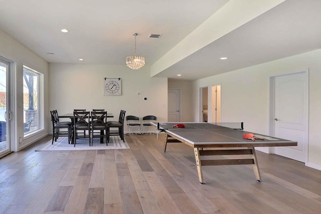 301 Reagan Dr, East Stroudsburg, PA 18301 - game room with visible vents, recessed lighting, wood-type flooring, and a chandelier