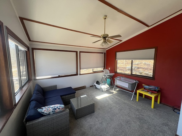 interior space with lofted ceiling, ceiling fan, and a baseboard radiator