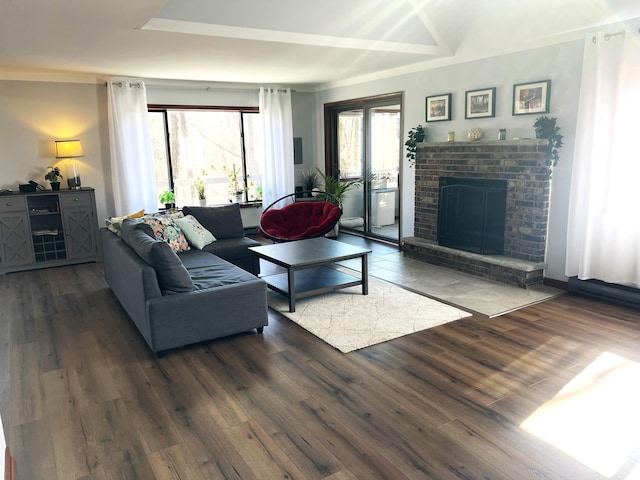 living room featuring a fireplace and wood finished floors