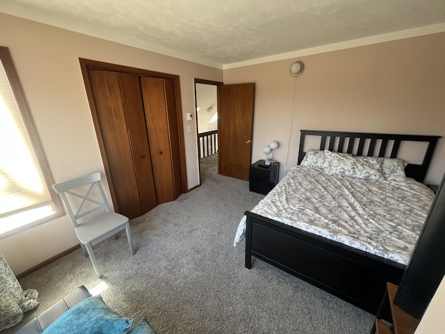 bedroom with carpet floors, a closet, and baseboards