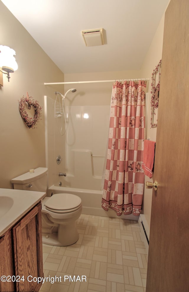 full bathroom featuring shower / bath combo, visible vents, vanity, and toilet