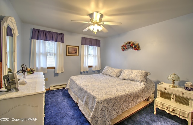 bedroom with ceiling fan and baseboard heating