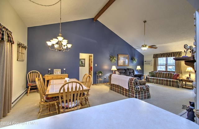 dining area featuring carpet floors, a baseboard radiator, beamed ceiling, and a wall mounted air conditioner