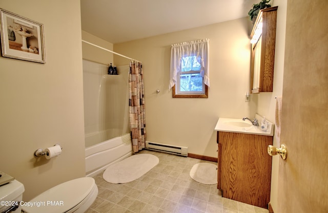 full bath with a baseboard radiator, shower / bathtub combination with curtain, toilet, vanity, and baseboards