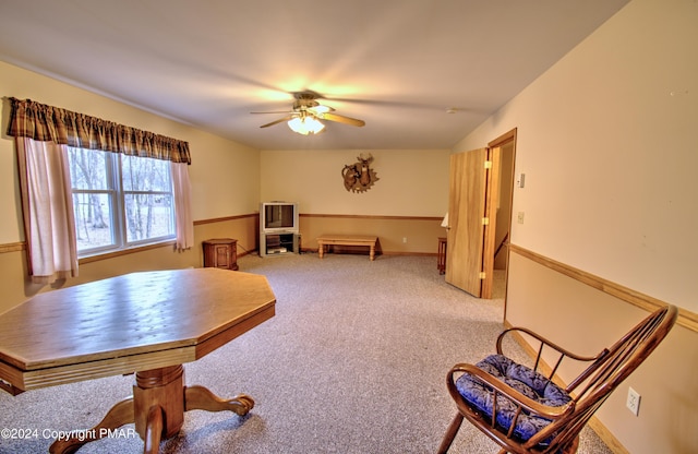 rec room with ceiling fan, carpet flooring, and baseboards