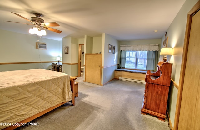 bedroom with baseboards, a baseboard radiator, ceiling fan, carpet, and an AC wall unit