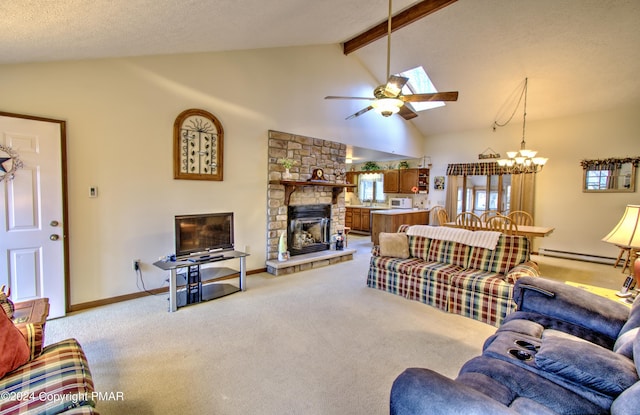 living area with light carpet, beamed ceiling, baseboard heating, and a fireplace