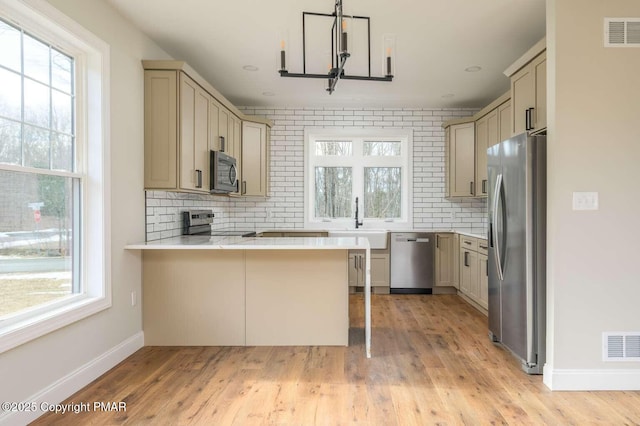 kitchen featuring sink, a breakfast bar area, kitchen peninsula, stainless steel appliances, and backsplash