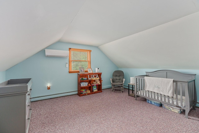 596 Chestnut St, East Stroudsburg, PA 18301 - bedroom featuring baseboard heating, a wall mounted air conditioner, lofted ceiling, and carpet