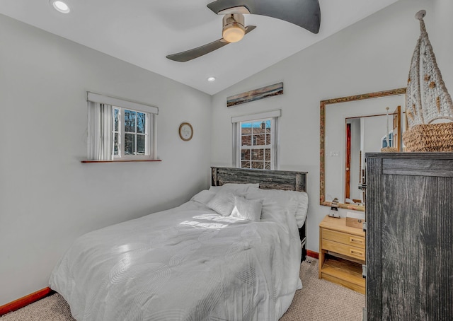 bedroom featuring recessed lighting, carpet flooring, a ceiling fan, baseboards, and vaulted ceiling