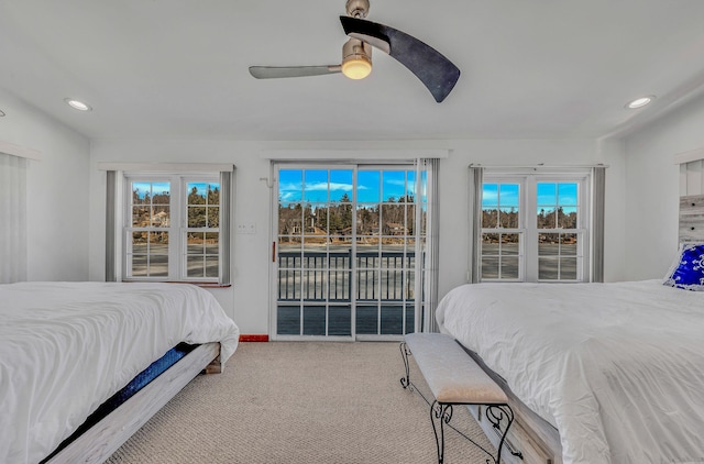 bedroom featuring carpet floors, recessed lighting, a ceiling fan, and access to exterior