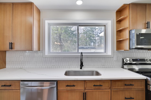 171 Knob Rd, Mount Pocono, PA 18344 - kitchen with ornamental molding, a sink, open shelves, decorative backsplash, and stainless steel appliances