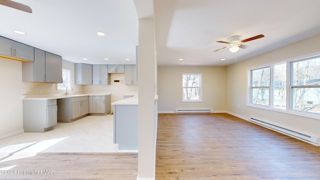 kitchen with a sink, baseboard heating, and gray cabinets