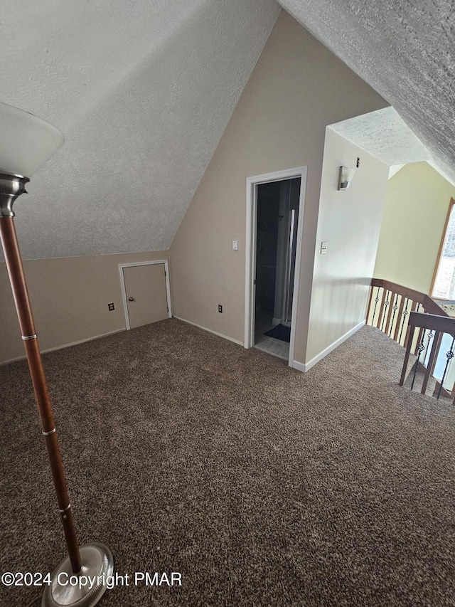 bonus room featuring vaulted ceiling, carpet, and a textured ceiling