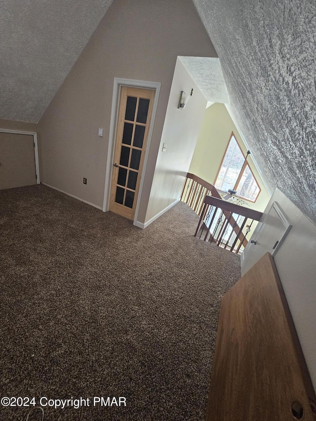 additional living space with a textured ceiling, carpet, and vaulted ceiling