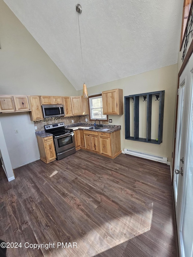 kitchen featuring light brown cabinets, baseboard heating, appliances with stainless steel finishes, dark wood-style floors, and a sink