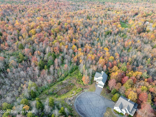 drone / aerial view featuring a wooded view