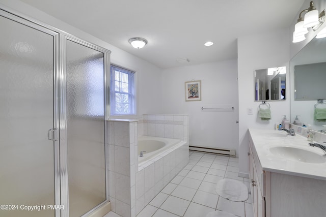 bathroom with tile patterned flooring, a sink, baseboard heating, a bath, and a stall shower