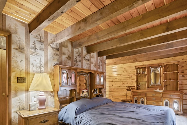 324 Hatchery Rd, Jim Thorpe, PA 18229 - bedroom featuring a wooden ceiling with exposed beams, wood walls, and wallpapered walls