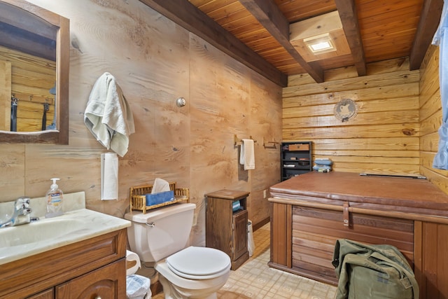 324 Hatchery Rd, Jim Thorpe, PA 18229 - bathroom featuring a wood ceiling with exposed beams, wooden walls, and vanity