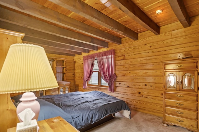 324 Hatchery Rd, Jim Thorpe, PA 18229 - carpeted bedroom with wood walls and a wooden ceiling with exposed beams