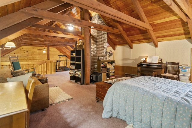324 Hatchery Rd, Jim Thorpe, PA 18229 - bedroom featuring wood walls, carpet floors, wood ceiling, and a wainscoted wall