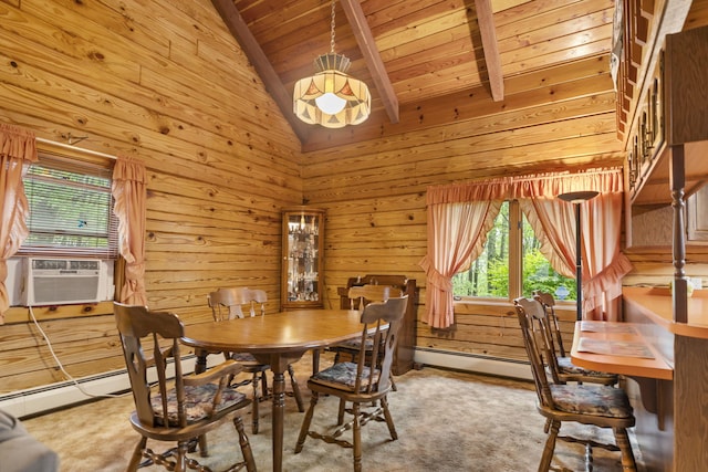 324 Hatchery Rd, Jim Thorpe, PA 18229 - dining room with wooden ceiling, vaulted ceiling, wood walls, a baseboard heating unit, and cooling unit