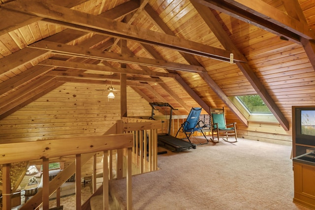 324 Hatchery Rd, Jim Thorpe, PA 18229 - unfurnished bedroom featuring wood ceiling, wooden walls, a skylight, and carpet