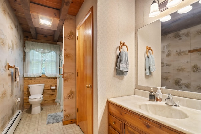 324 Hatchery Rd, Jim Thorpe, PA 18229 - bathroom with a baseboard heating unit, wallpapered walls, vanity, and tile patterned floors