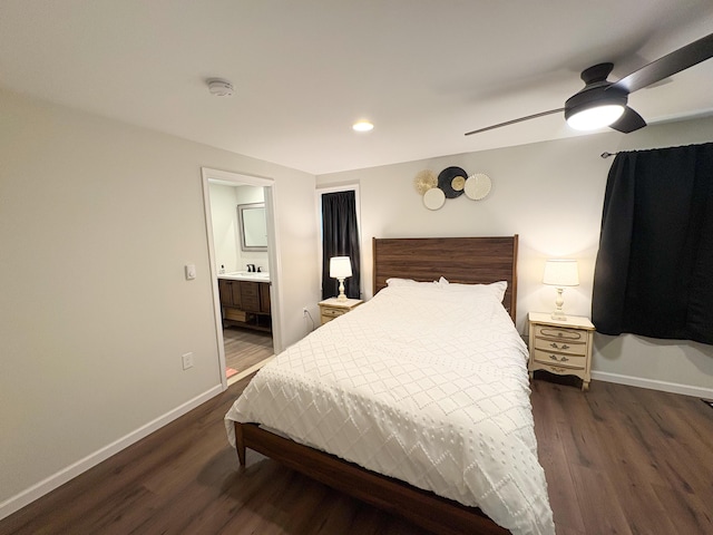 1085 Maple Lake Dr, Bushkill, PA 18324 - bedroom with dark wood-style floors, baseboards, a ceiling fan, recessed lighting, and ensuite bath