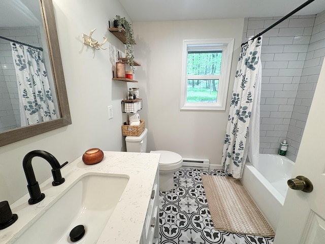 1085 Maple Lake Dr, Bushkill, PA 18324 - bathroom with a baseboard radiator, toilet, tile patterned flooring, vanity, and shower / bath combo with shower curtain