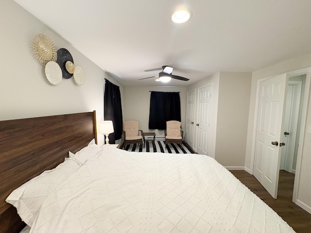 1085 Maple Lake Dr, Bushkill, PA 18324 - bedroom featuring dark wood finished floors, a ceiling fan, and baseboards