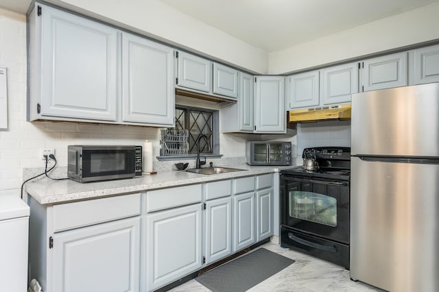 1259 Winding Way, Tobyhanna, PA 18466 - kitchen with freestanding refrigerator, black range with electric stovetop, under cabinet range hood, a sink, and light countertops