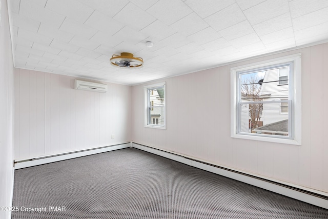 unfurnished room featuring baseboard heating, an AC wall unit, and carpet flooring