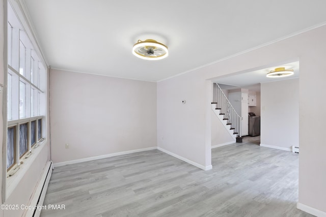 unfurnished room with stairs, baseboards, and crown molding