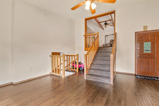 217 Coach Rd, Tobyhanna, PA 18466 - entrance foyer with ceiling fan, wood finished floors, and high vaulted ceiling
