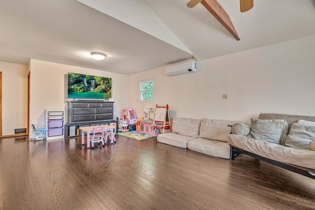 217 Coach Rd, Tobyhanna, PA 18466 - living room featuring a wall unit AC, wood finished floors, ceiling fan, and vaulted ceiling