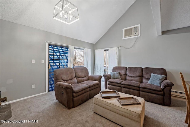 carpeted living area featuring high vaulted ceiling, a baseboard radiator, a notable chandelier, and baseboards