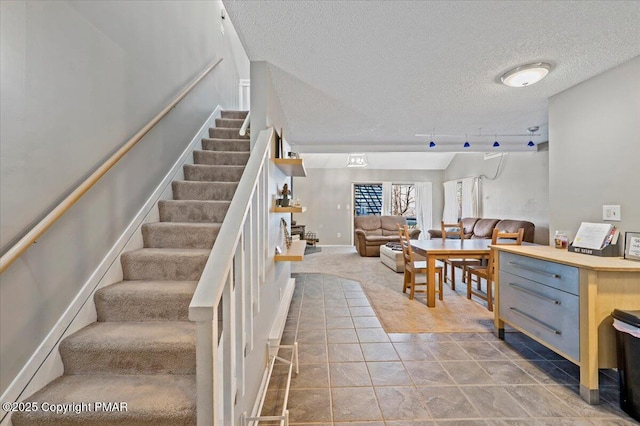 stairway with carpet floors and a textured ceiling