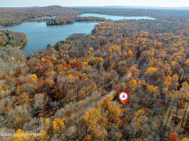 aerial view with a water view and a wooded view