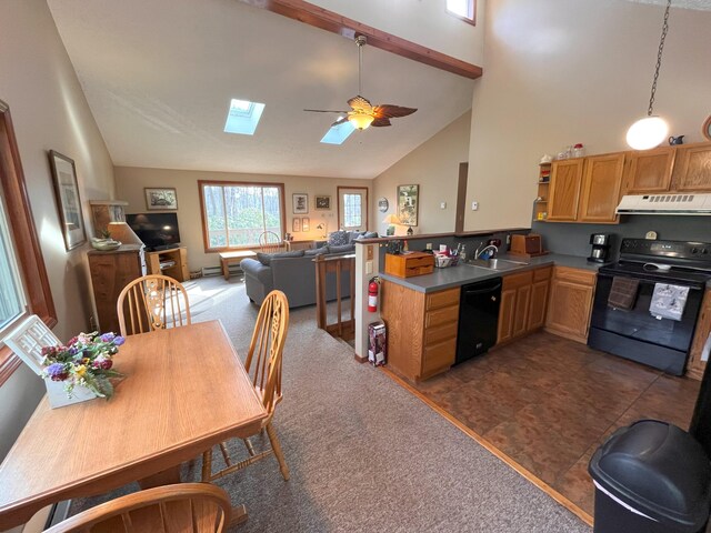 5 Cayuga Dr, Jim Thorpe, PA 18229 - kitchen featuring a peninsula, black appliances, a skylight, a sink, and extractor fan