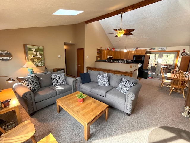 5 Cayuga Dr, Jim Thorpe, PA 18229 - carpeted living room featuring high vaulted ceiling, a textured ceiling, and ceiling fan