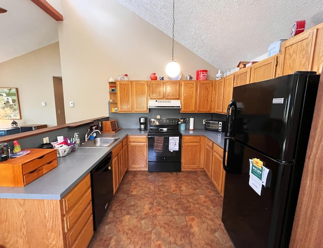 5 Cayuga Dr, Jim Thorpe, PA 18229 - kitchen featuring a peninsula, a textured ceiling, black appliances, extractor fan, and a sink