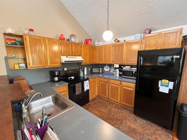 5 Cayuga Dr, Jim Thorpe, PA 18229 - kitchen with range hood, a textured ceiling, open shelves, black appliances, and a sink