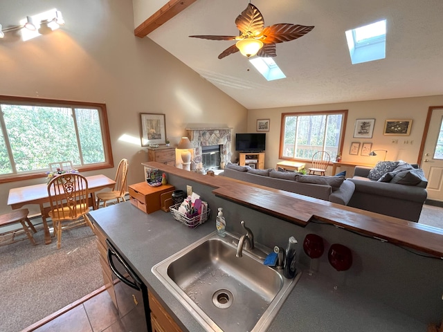 5 Cayuga Dr, Jim Thorpe, PA 18229 - kitchen featuring dishwasher, a sink, open floor plan, a fireplace, and a skylight