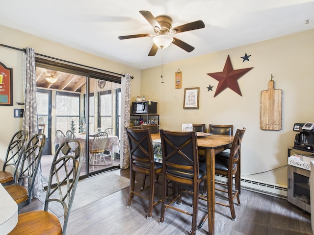179 Choctaw Dr, Pocono Lake, PA 18347 - dining space with ceiling fan, a baseboard heating unit, and wood finished floors