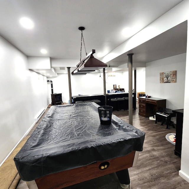 408 Sassafrass Way, Stroudsburg, PA 18360 - rec room featuring billiards table, wood finished floors, recessed lighting, and a wood stove