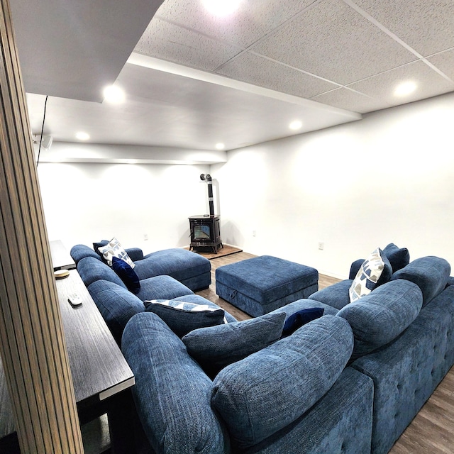408 Sassafrass Way, Stroudsburg, PA 18360 - living area featuring a wood stove, wood finished floors, and recessed lighting
