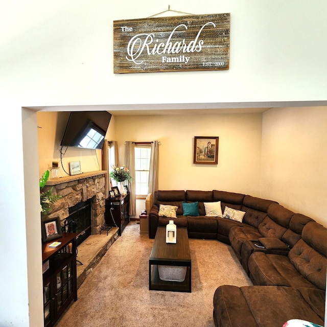 408 Sassafrass Way, Stroudsburg, PA 18360 - living room with carpet and a stone fireplace
